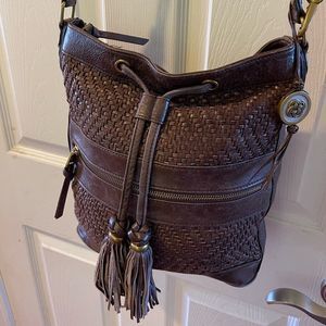 Elliot Lucca leather brown woven drawstring bucket crossbody bag